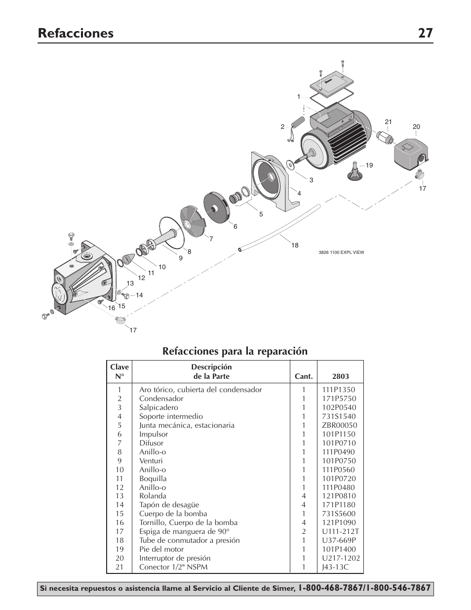 Refacciones 27, Refacciones para la reparación | Simer Pumps 2803 User Manual | Page 27 / 28