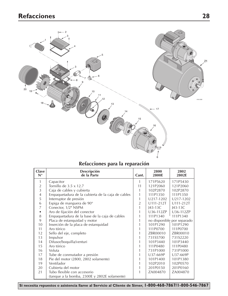 Refacciones 28, Refacciones para la reparación | Simer Pumps 2803 User Manual | Page 28 / 28