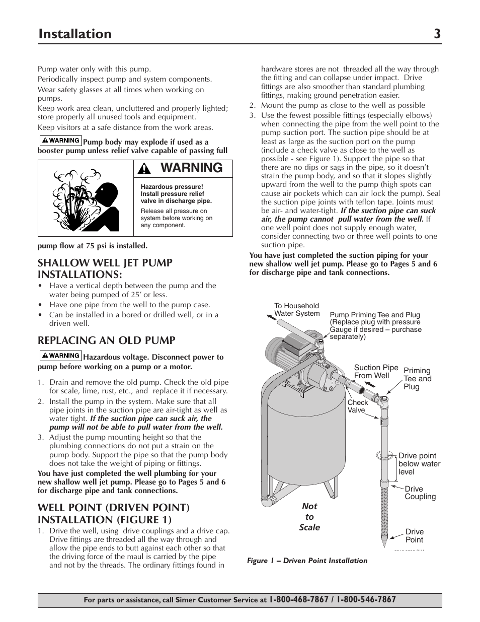 Installation 3, Warning, Shallow well jet pump installations | Replacing an old pump, Well point (driven point) installation (figure 1) | Simer Pumps 2803 User Manual | Page 3 / 28