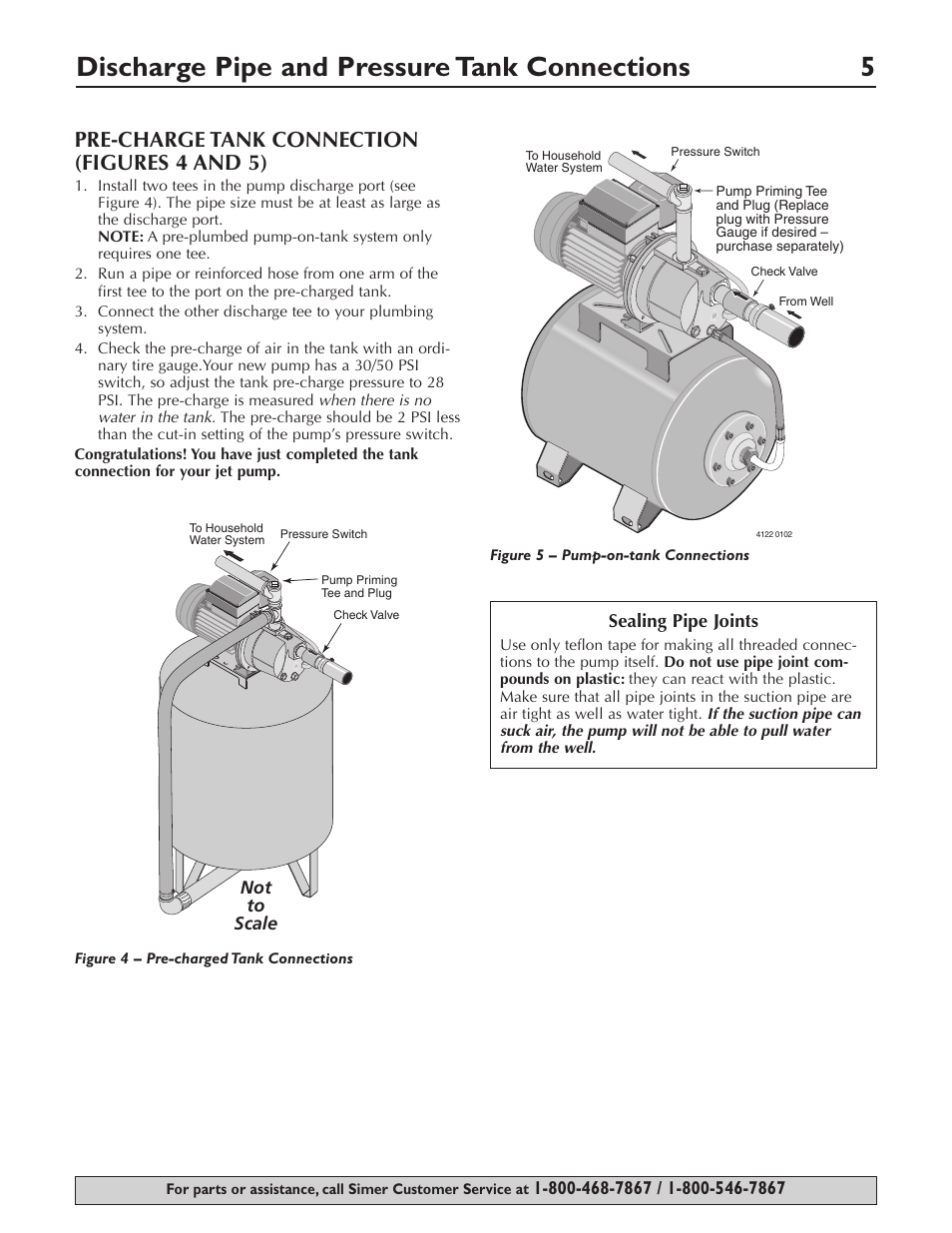 Discharge pipe and pressure tank connections 5, Pre-charge tank connection (figures 4 and 5) | Simer Pumps 2803 User Manual | Page 5 / 28