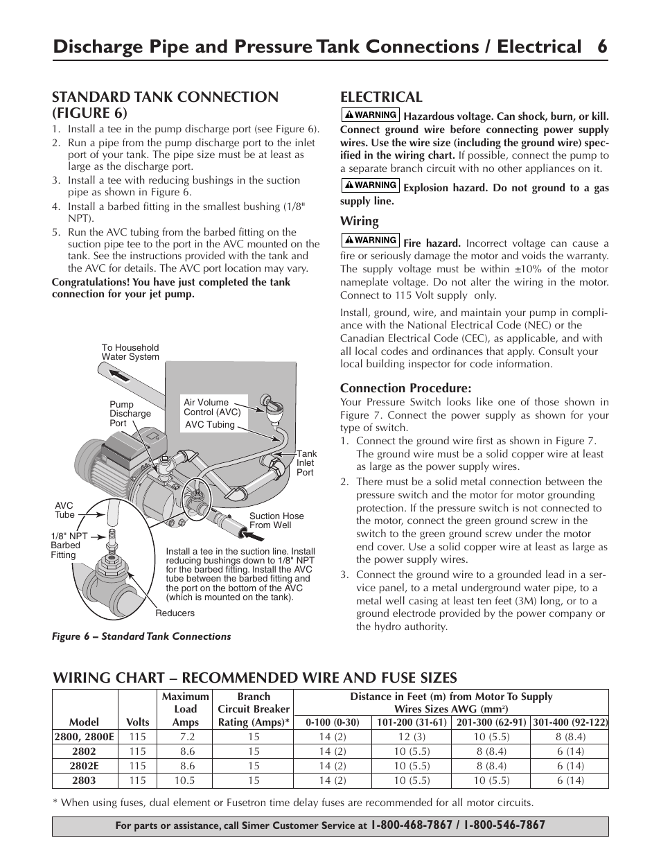 Standard tank connection (figure 6), Electrical, Wiring chart – recommended wire and fuse sizes | Simer Pumps 2803 User Manual | Page 6 / 28