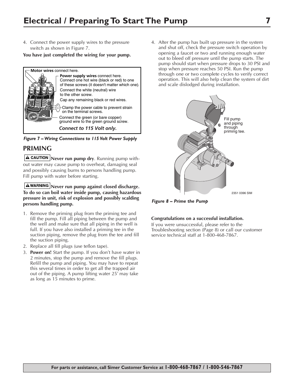 Electrical / preparing to start the pump 7, Priming | Simer Pumps 2803 User Manual | Page 7 / 28