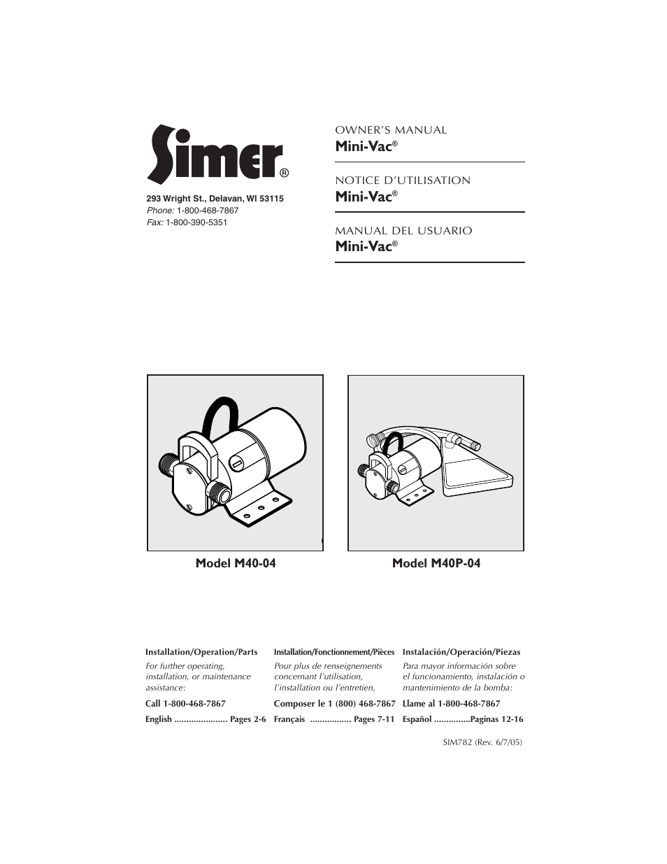 Simer Pumps MINI-VAC M40P-04 User Manual | 16 pages
