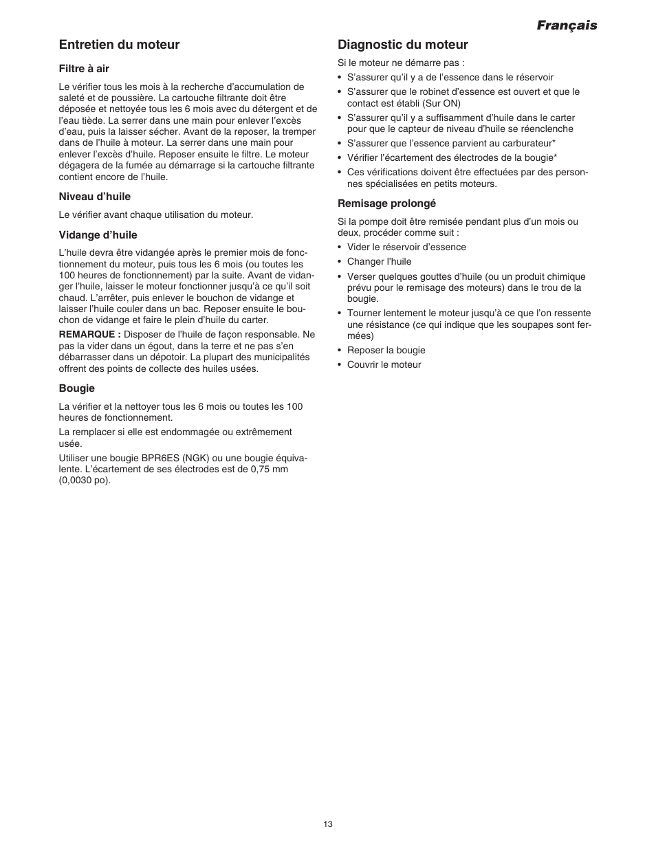 Entretien du moteur, Diagnostic du moteur, Français | Simer Pumps 4955 User Manual | Page 13 / 24