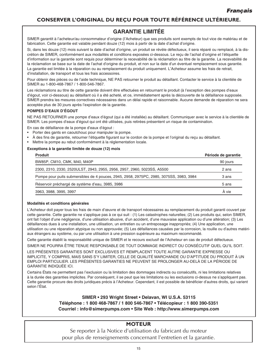 Garantie limitée | Simer Pumps 4955 User Manual | Page 15 / 24