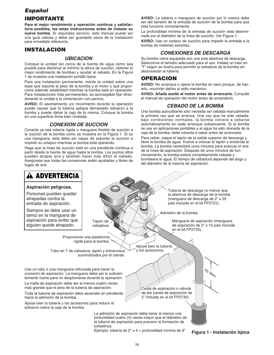 Advertencia, Importante, Instalacion | Operacion, Español, Ubicacion, Conexion de succion, Conexiones de descarga, Cebado de la bomba | Simer Pumps 4955 User Manual | Page 16 / 24