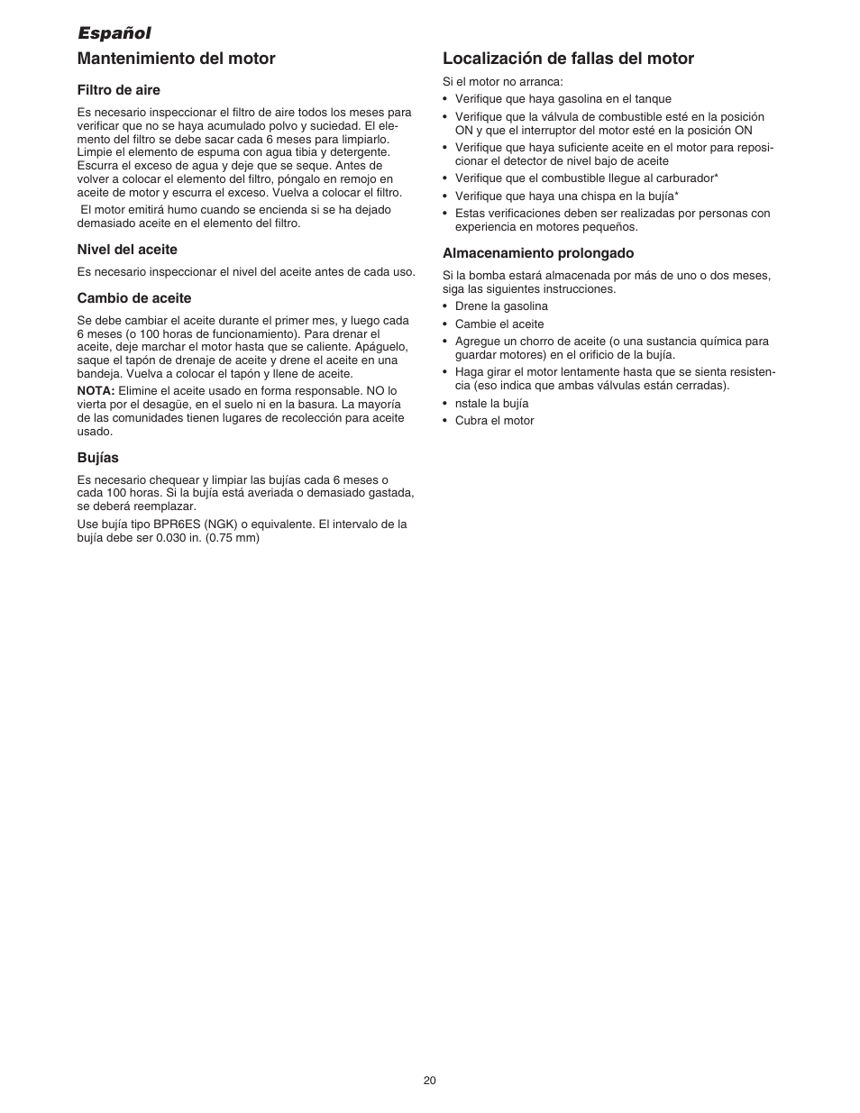 Mantenimiento del motor, Localización de fallas del motor, Español | Simer Pumps 4955 User Manual | Page 20 / 24