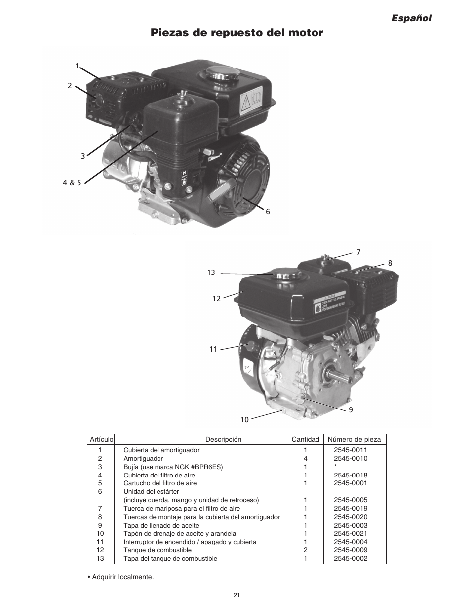 Piezas de repuesto del motor, Español | Simer Pumps 4955 User Manual | Page 21 / 24