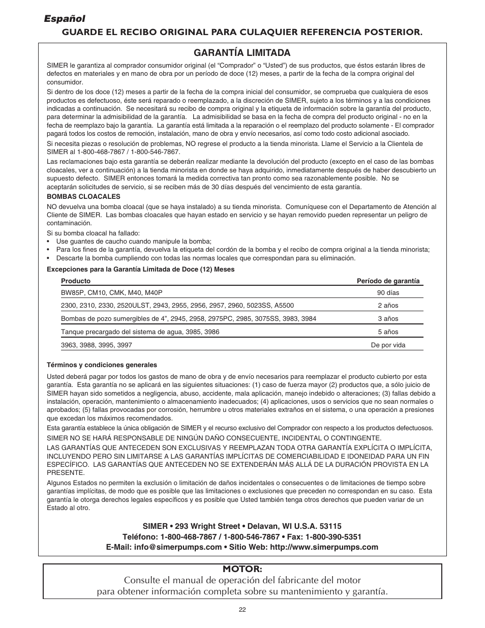 Garantía limitada | Simer Pumps 4955 User Manual | Page 22 / 24