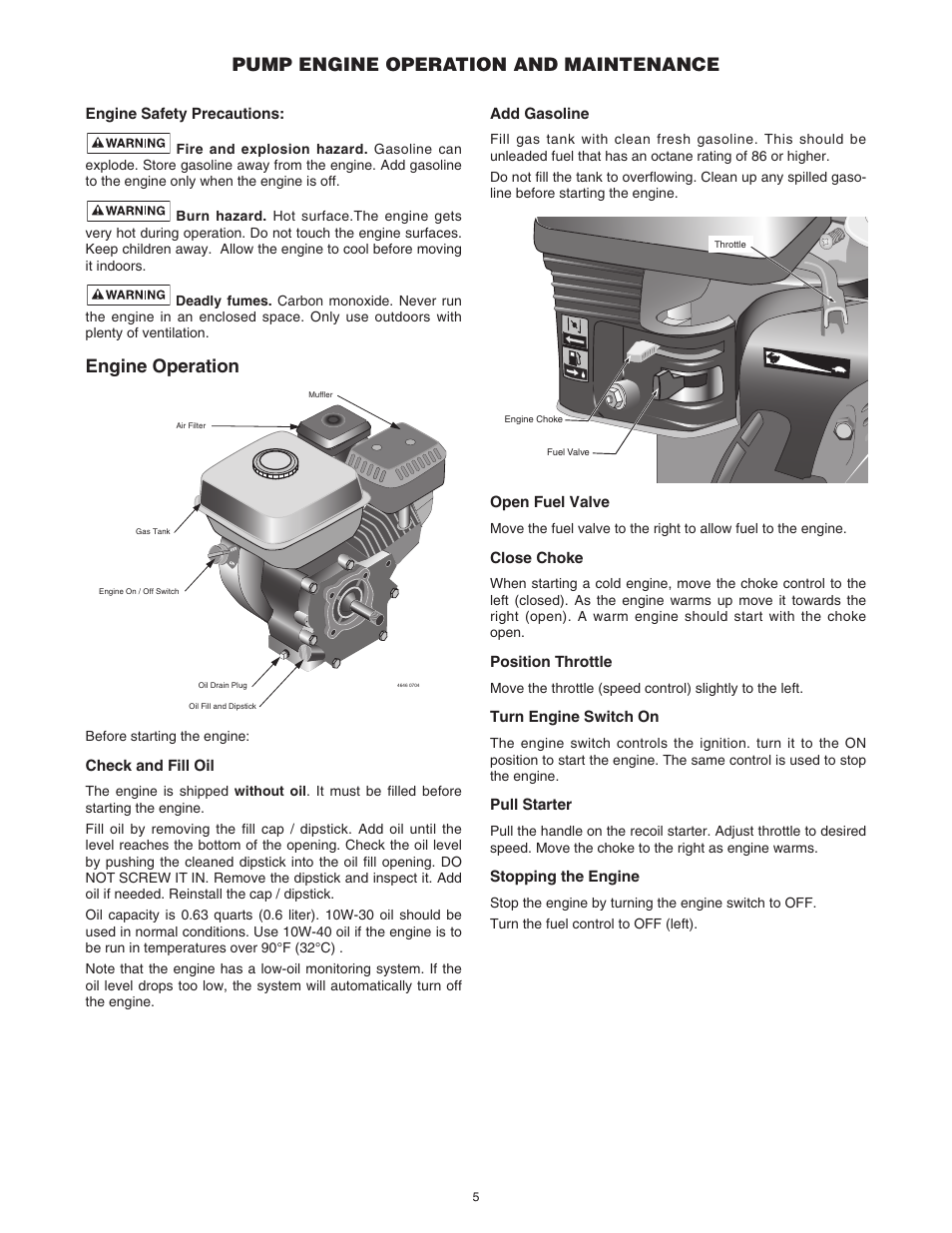 Engine operation, Pump engine operation and maintenance | Simer Pumps 4955 User Manual | Page 5 / 24