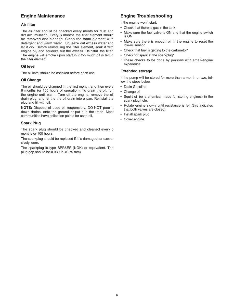 Engine maintenance, Engine troubleshooting | Simer Pumps 4955 User Manual | Page 6 / 24