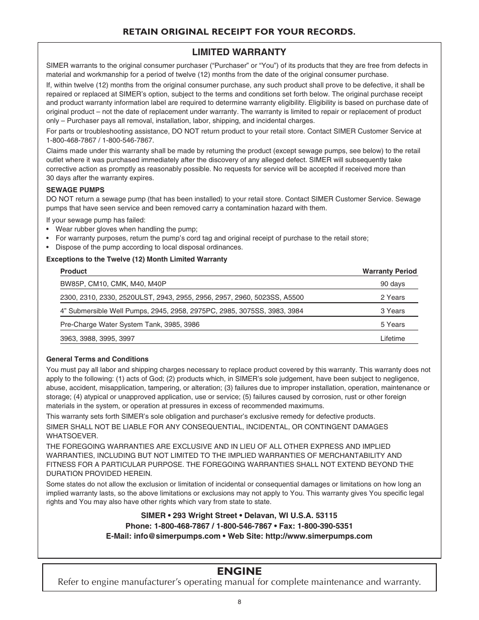 Engine, Limited warranty | Simer Pumps 4955 User Manual | Page 8 / 24