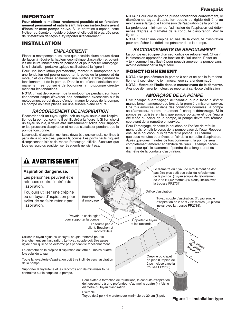 Avertissement, Important, Installation | Fonctionnement, Français, Emplacement, Raccordement de l'aspiration, Raccordements de refoulement, Amorçage de la pompe | Simer Pumps 4955 User Manual | Page 9 / 24
