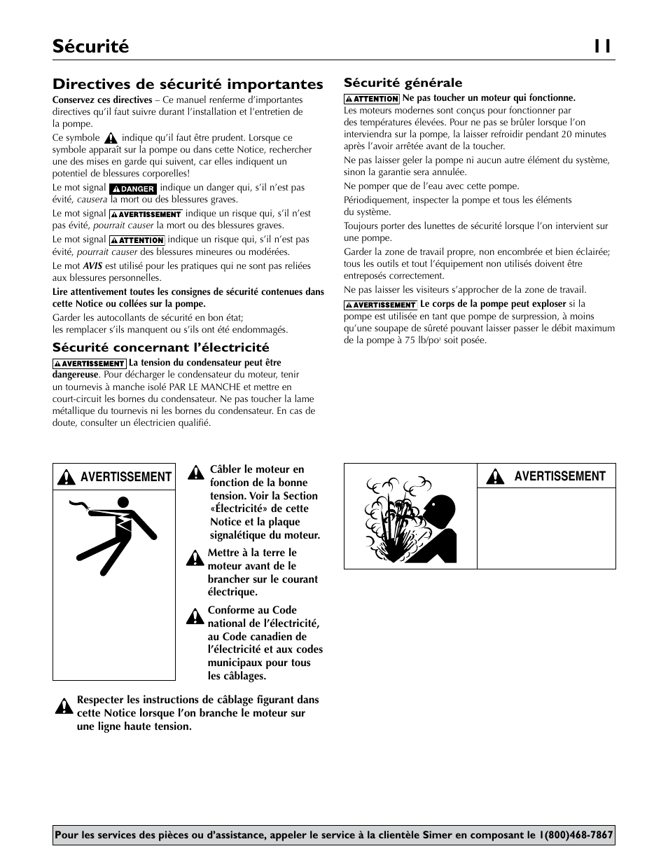 Sécurité 11, Di rectives de sécurité importantes | Simer Pumps 2.81E+01 User Manual | Page 11 / 28