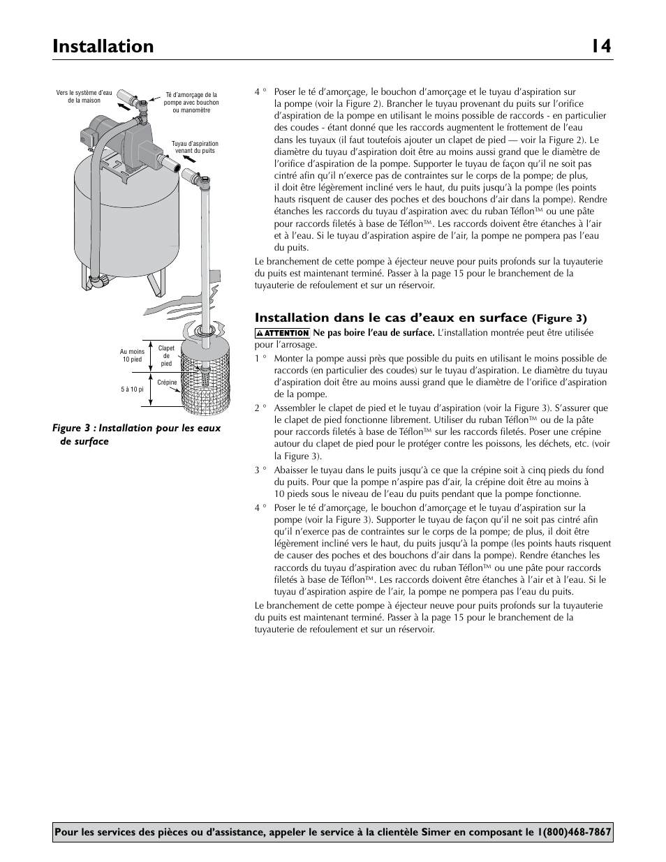 Installation 14, Installation dans le cas d’eaux en surface | Simer Pumps 2.81E+01 User Manual | Page 14 / 28