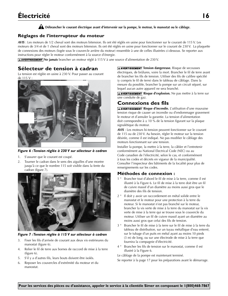 Électricité 16, Sélecteur de tension à cadran, Connexions des fils | Méthodes de connexion, Réglages de l’interrupteur du moteur | Simer Pumps 2.81E+01 User Manual | Page 16 / 28