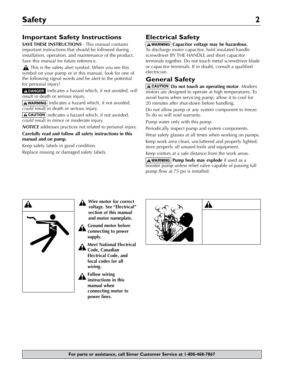 Safety 2, Warning, Important safety instructions | Electrical safety, General safety | Simer Pumps 2.81E+01 User Manual | Page 2 / 28