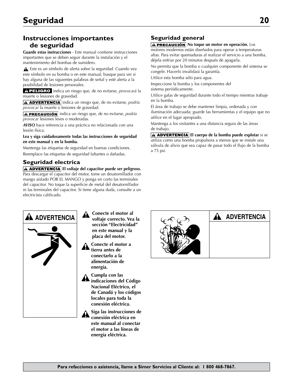 Seguridad 20, Advertencia | Simer Pumps 2.81E+01 User Manual | Page 20 / 28