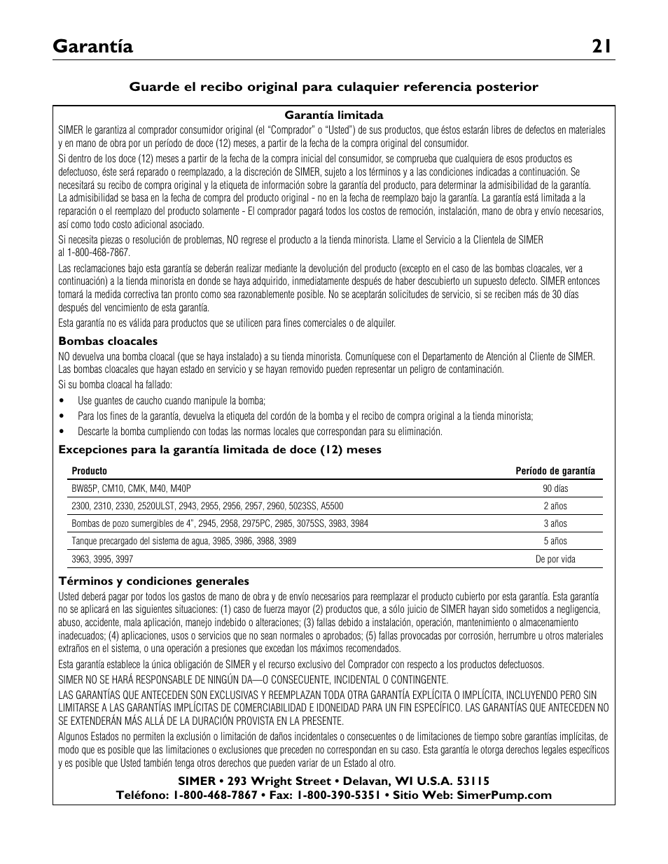 Garantía 21 | Simer Pumps 2.81E+01 User Manual | Page 21 / 28