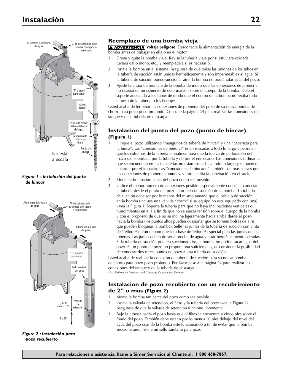 Instalación 22, Reemplazo de una bomba vieja, Instalacion del punto del pozo (punto de hincar) | Simer Pumps 2.81E+01 User Manual | Page 22 / 28