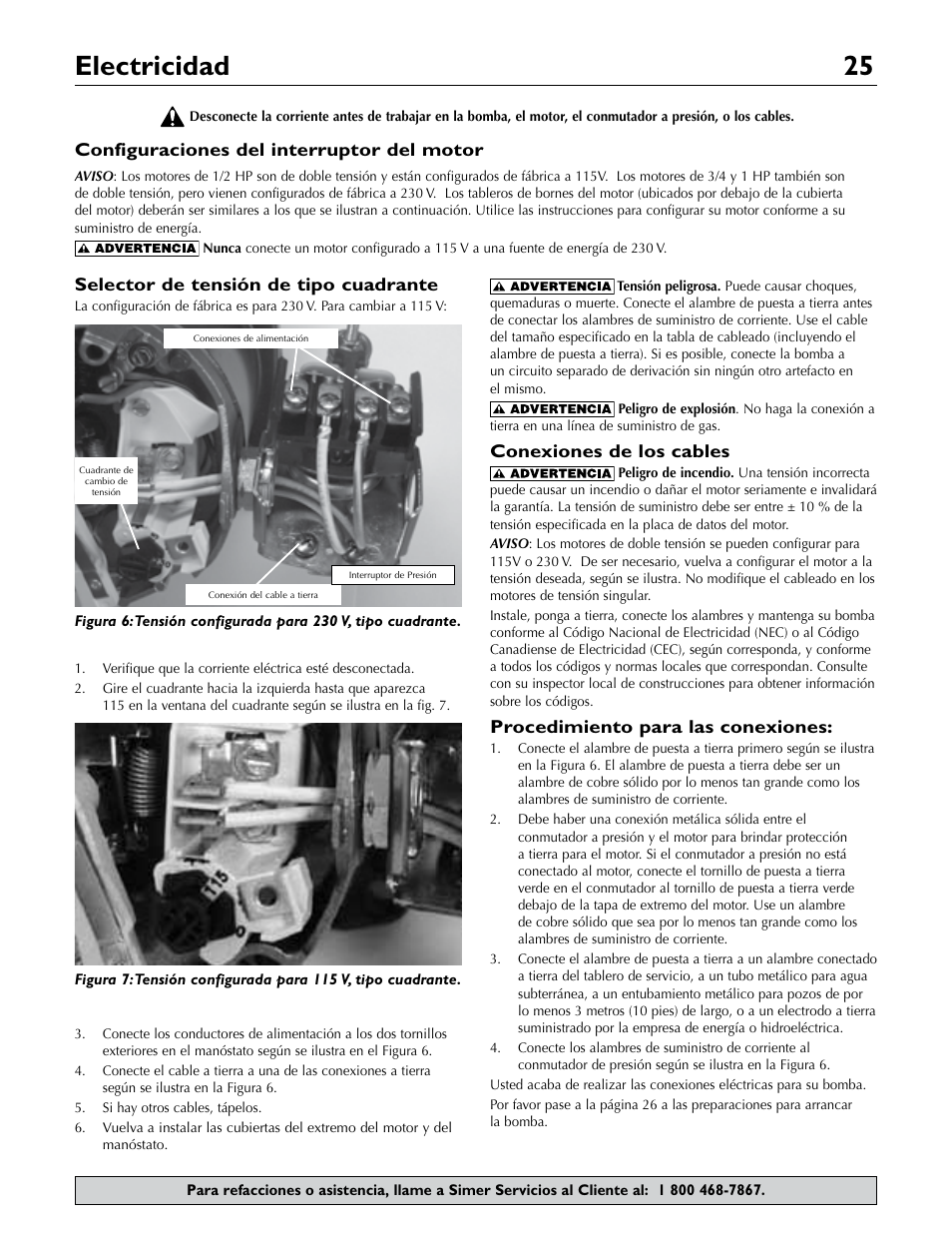 Electricidad 25, Selector de tensión de tipo cuadrante, Conexiones de los cables | Procedimiento para las conexiones, Configuraciones del interruptor del motor | Simer Pumps 2.81E+01 User Manual | Page 25 / 28