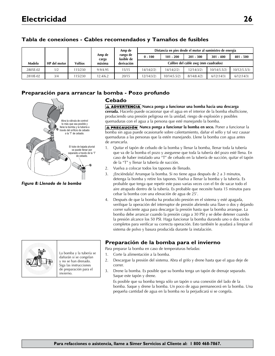 Electricidad 26, Atencion, Cebado | Preparación de la bomba para el invierno | Simer Pumps 2.81E+01 User Manual | Page 26 / 28