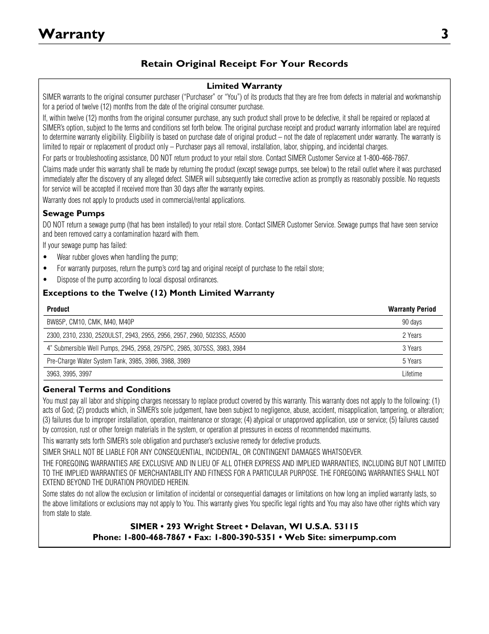 Warranty 3 | Simer Pumps 2.81E+01 User Manual | Page 3 / 28