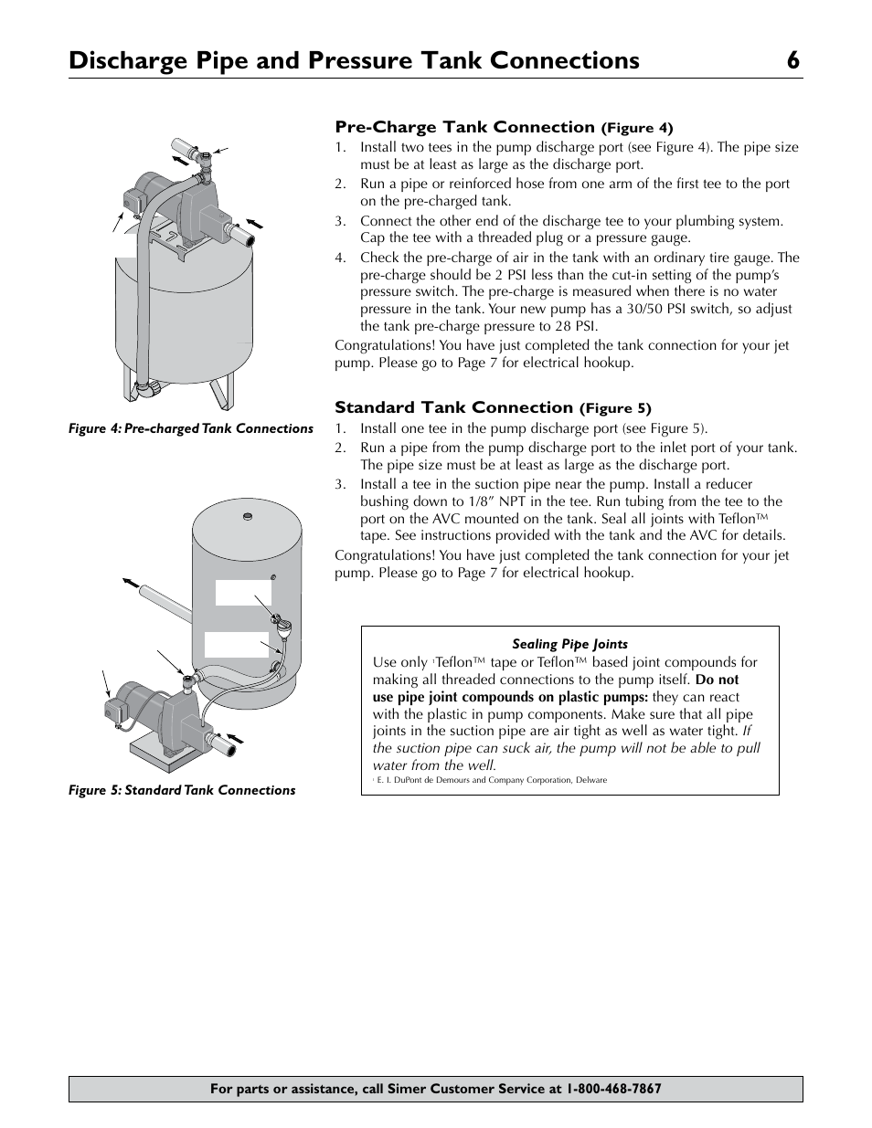 Discharge pipe and pressure tank connections 6, Pre-charge tank connection, Standard tank connection | Simer Pumps 2.81E+01 User Manual | Page 6 / 28