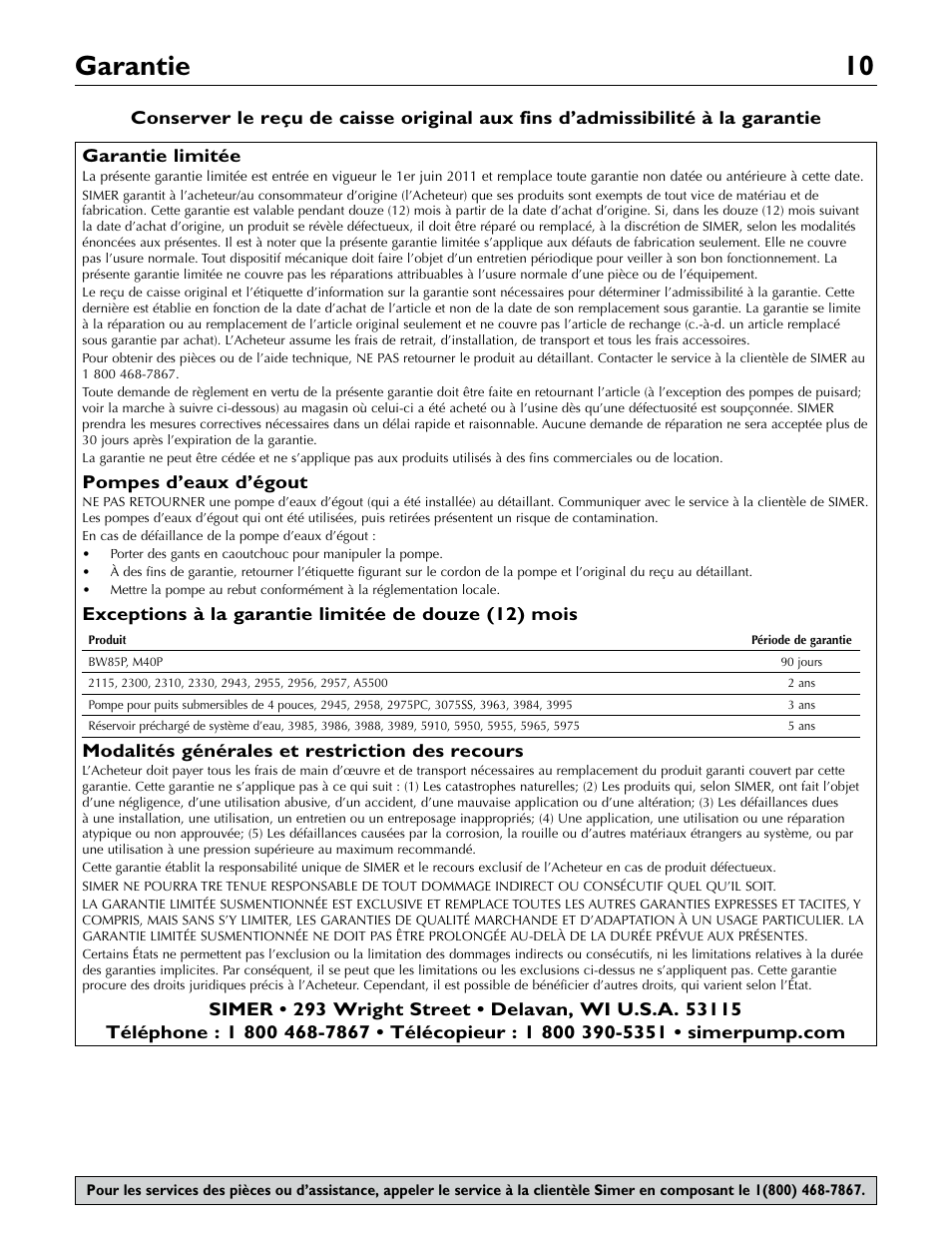 Garantie 10, Pompes d’eaux d’égout, Modalités générales et restriction des recours | Simer Pumps 3075SS-01 User Manual | Page 10 / 24