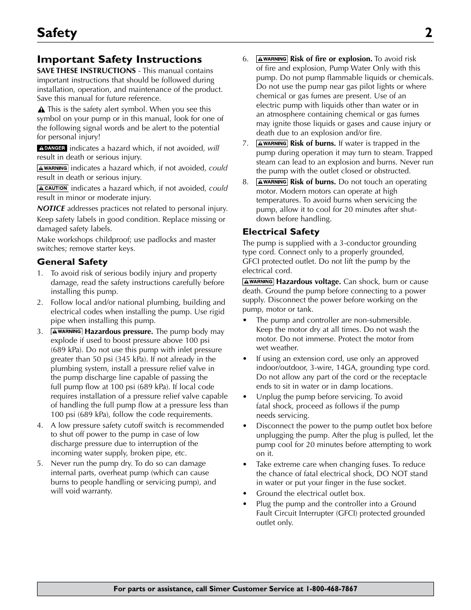 Safety 2, Important safety instructions | Simer Pumps 3075SS-01 User Manual | Page 2 / 24