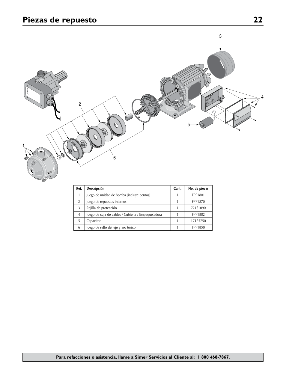 Piezas de repuesto 22 | Simer Pumps 3075SS-01 User Manual | Page 22 / 24