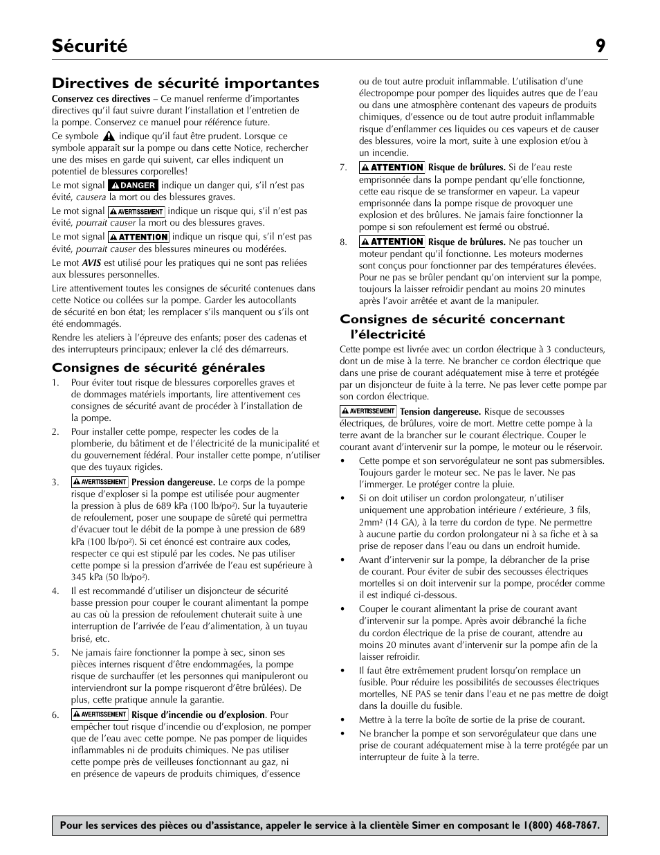 Sécurité 9, Di rectives de sécurité importantes | Simer Pumps 3075SS-01 User Manual | Page 9 / 24