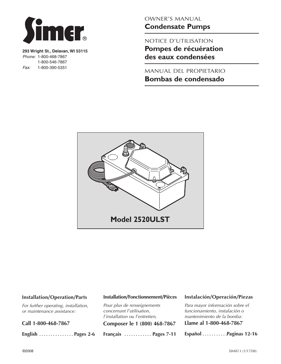 Simer Pumps Condensate Pump 2520ULST User Manual | 16 pages