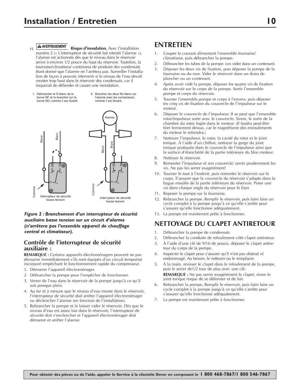 Installation / entretien 10, Entretien, Nettoyage du clapet antiretour | Contrôle de l’interrupteur de sécurité auxiliaire | Simer Pumps Condensate Pump 2520ULST User Manual | Page 10 / 16