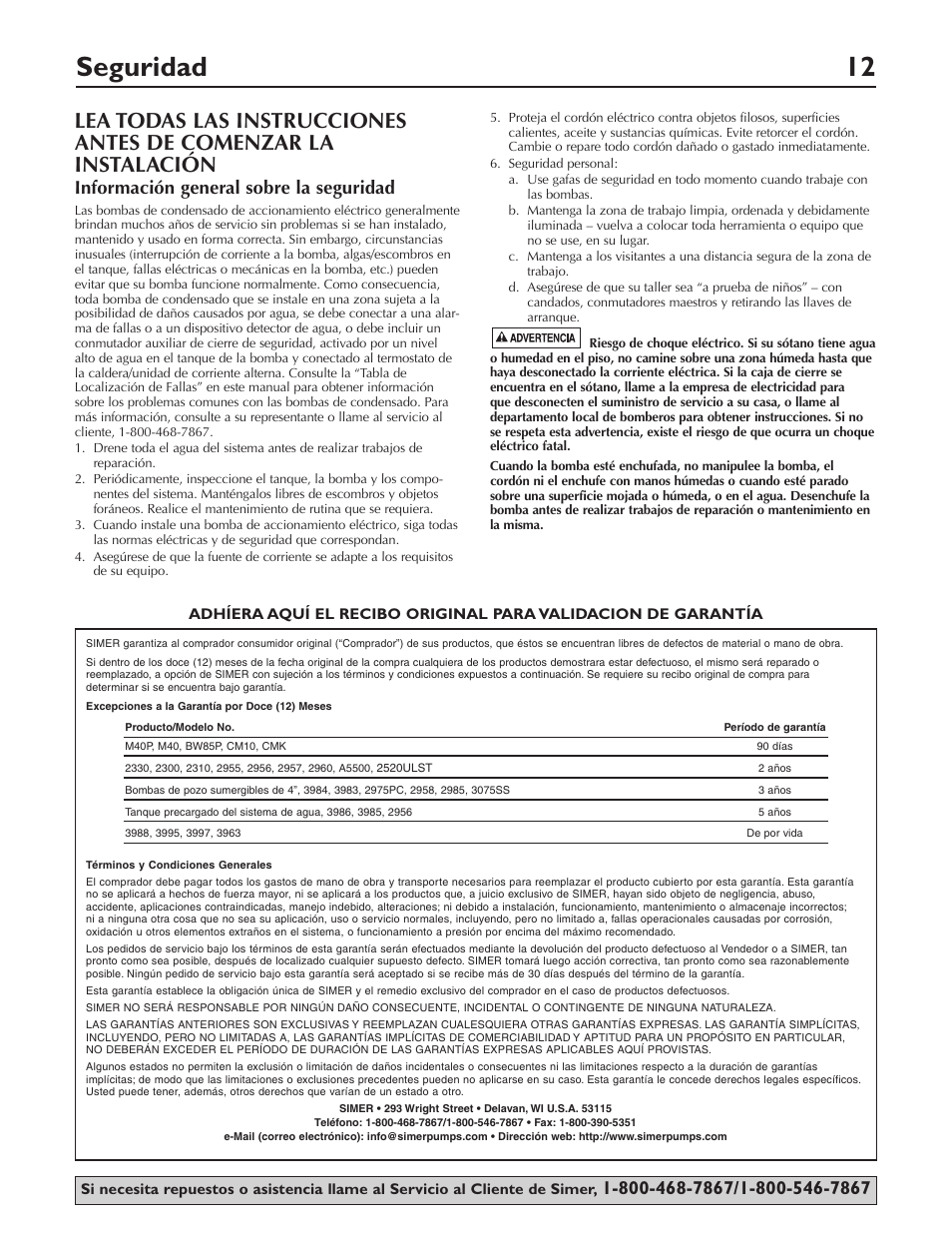 Seguridad 12, Información general sobre la seguridad | Simer Pumps Condensate Pump 2520ULST User Manual | Page 12 / 16