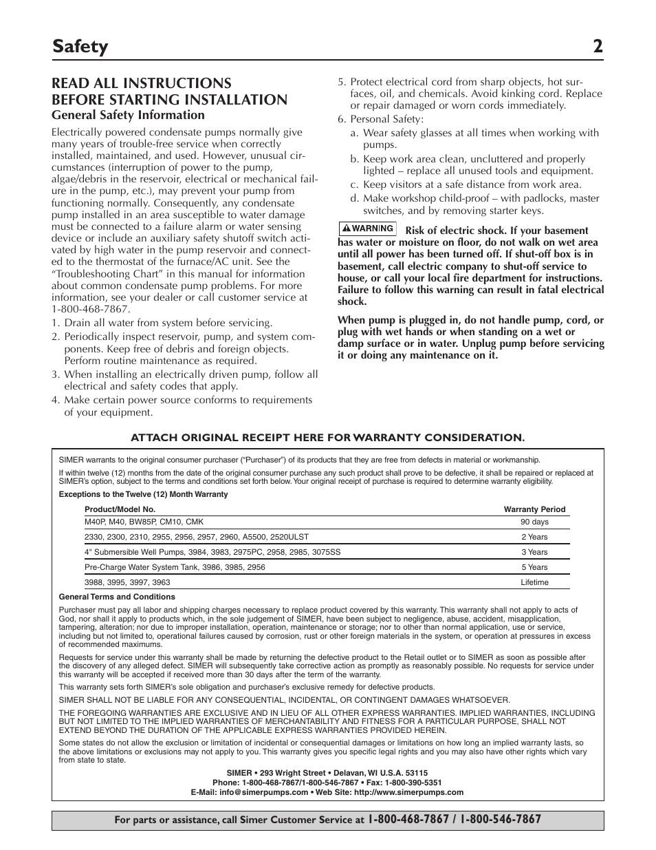 Safety 2, Read all instructions before starting installation, General safety information | Simer Pumps Condensate Pump 2520ULST User Manual | Page 2 / 16