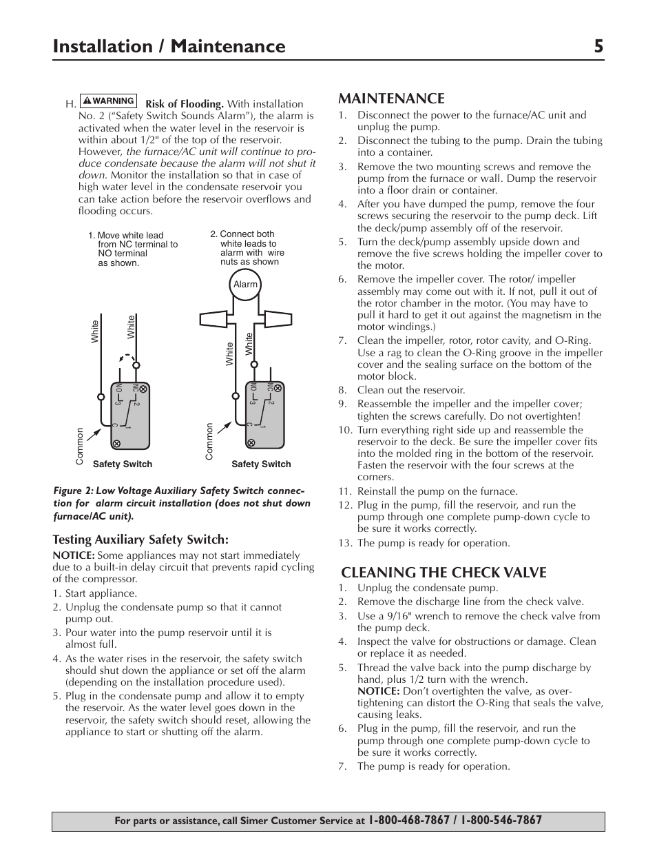 Installation / maintenance 5, Maintenance, Cleaning the check valve | Testing auxiliary safety switch | Simer Pumps Condensate Pump 2520ULST User Manual | Page 5 / 16