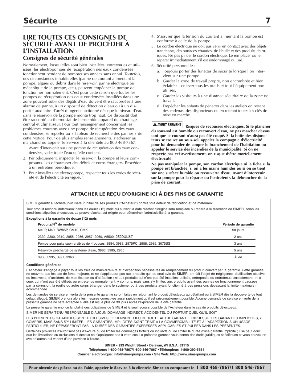 Sécurite 7, Consignes de sécurité générales | Simer Pumps Condensate Pump 2520ULST User Manual | Page 7 / 16