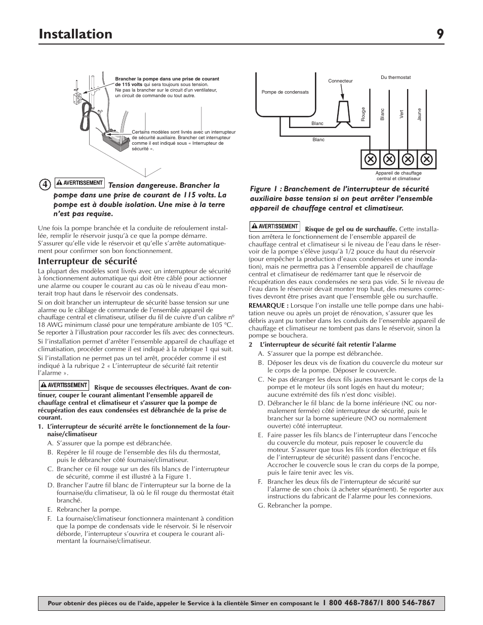 Installation 9, Interrupteur de sécurité | Simer Pumps Condensate Pump 2520ULST User Manual | Page 9 / 16