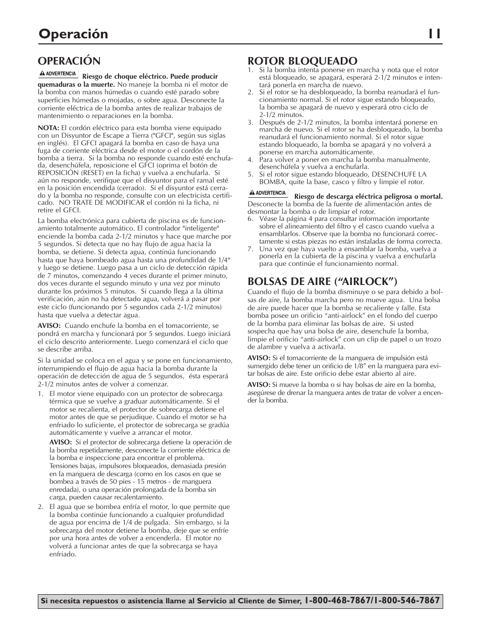 Operación 11, Operación, Rotor bloqueado | Bolsas de aire (“airlock”) | Simer Pumps 2115 User Manual | Page 11 / 16