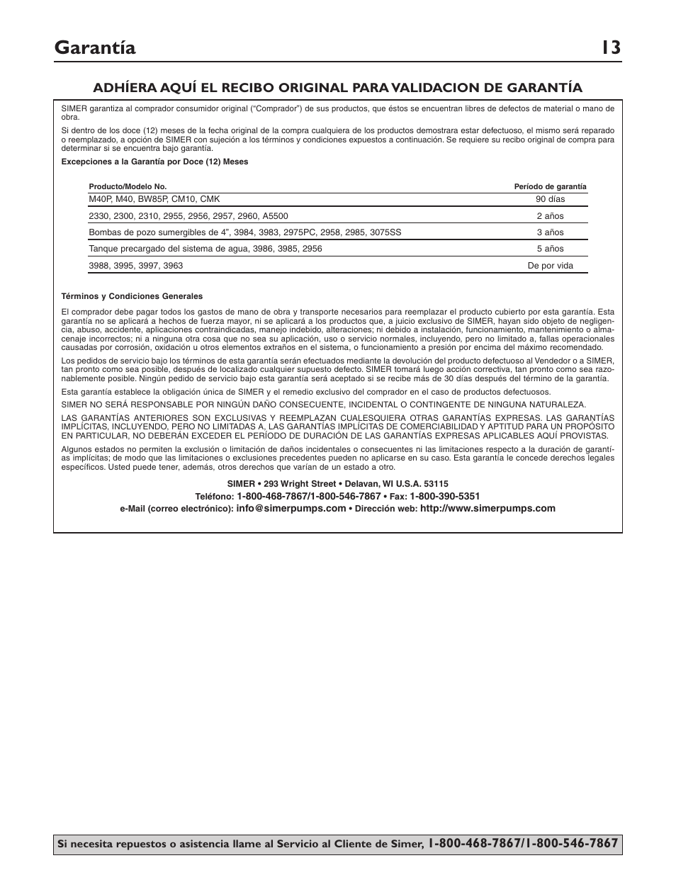 Garantía 13 | Simer Pumps 2115 User Manual | Page 13 / 16