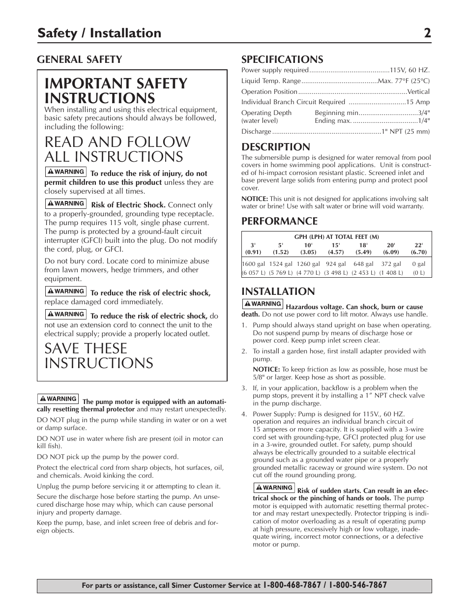 Important safety instructions, Read and follow all instructions, Save these instructions | Safety / installation 2, General safety, Specifications, Description, Performance installation | Simer Pumps 2115 User Manual | Page 2 / 16