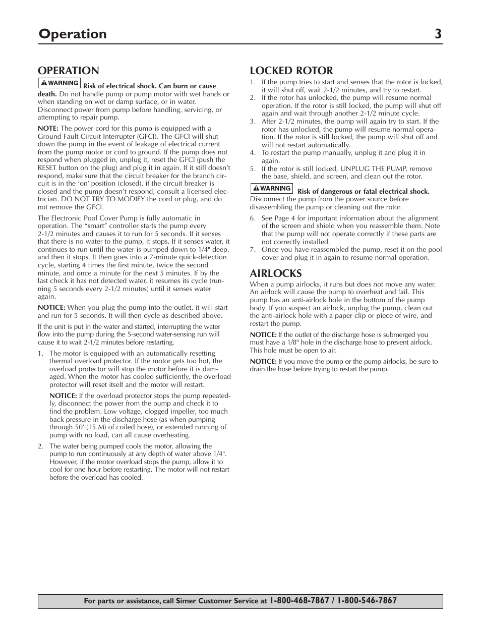 Operation 3, Operation, Locked rotor | Airlocks | Simer Pumps 2115 User Manual | Page 3 / 16