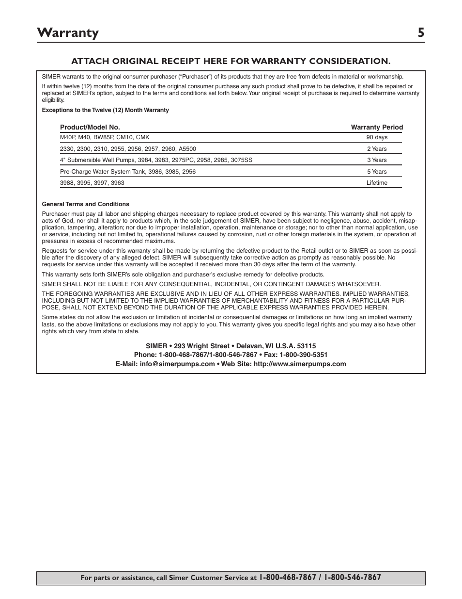 Warranty 5 | Simer Pumps 2115 User Manual | Page 5 / 16