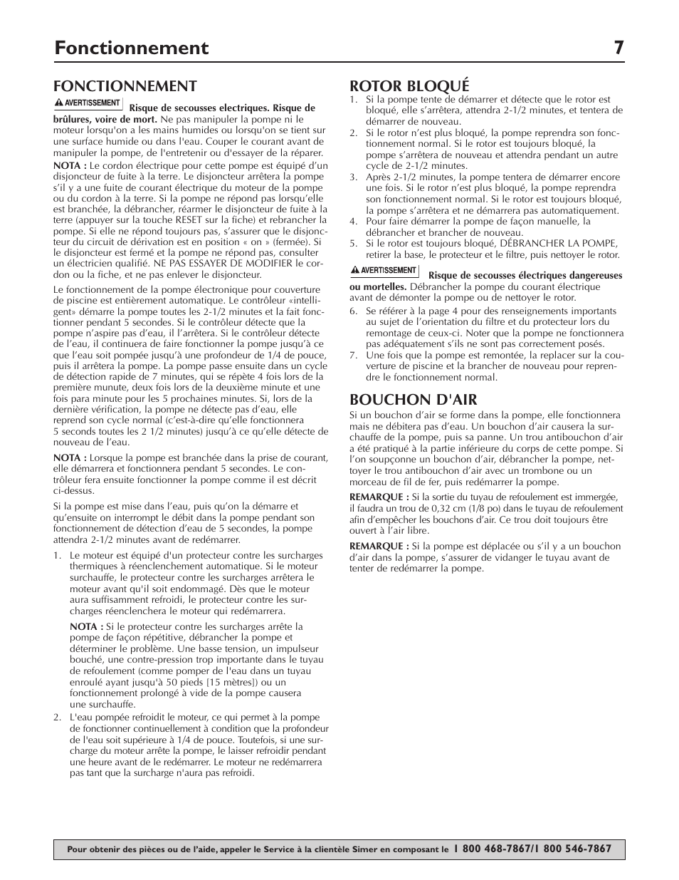 Fonctionnement 7, Fonctionnement, Rotor bloqué | Bouchon d'air | Simer Pumps 2115 User Manual | Page 7 / 16