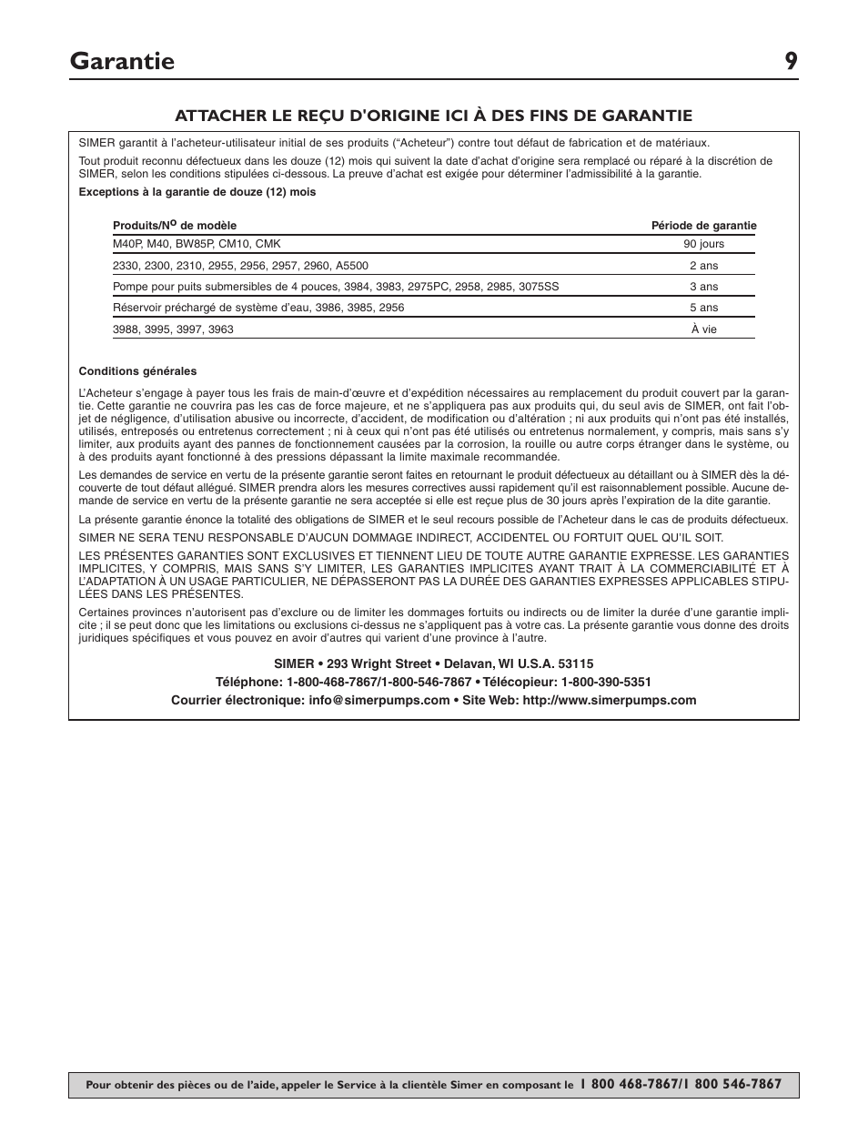 Garantie 9 | Simer Pumps 2115 User Manual | Page 9 / 16