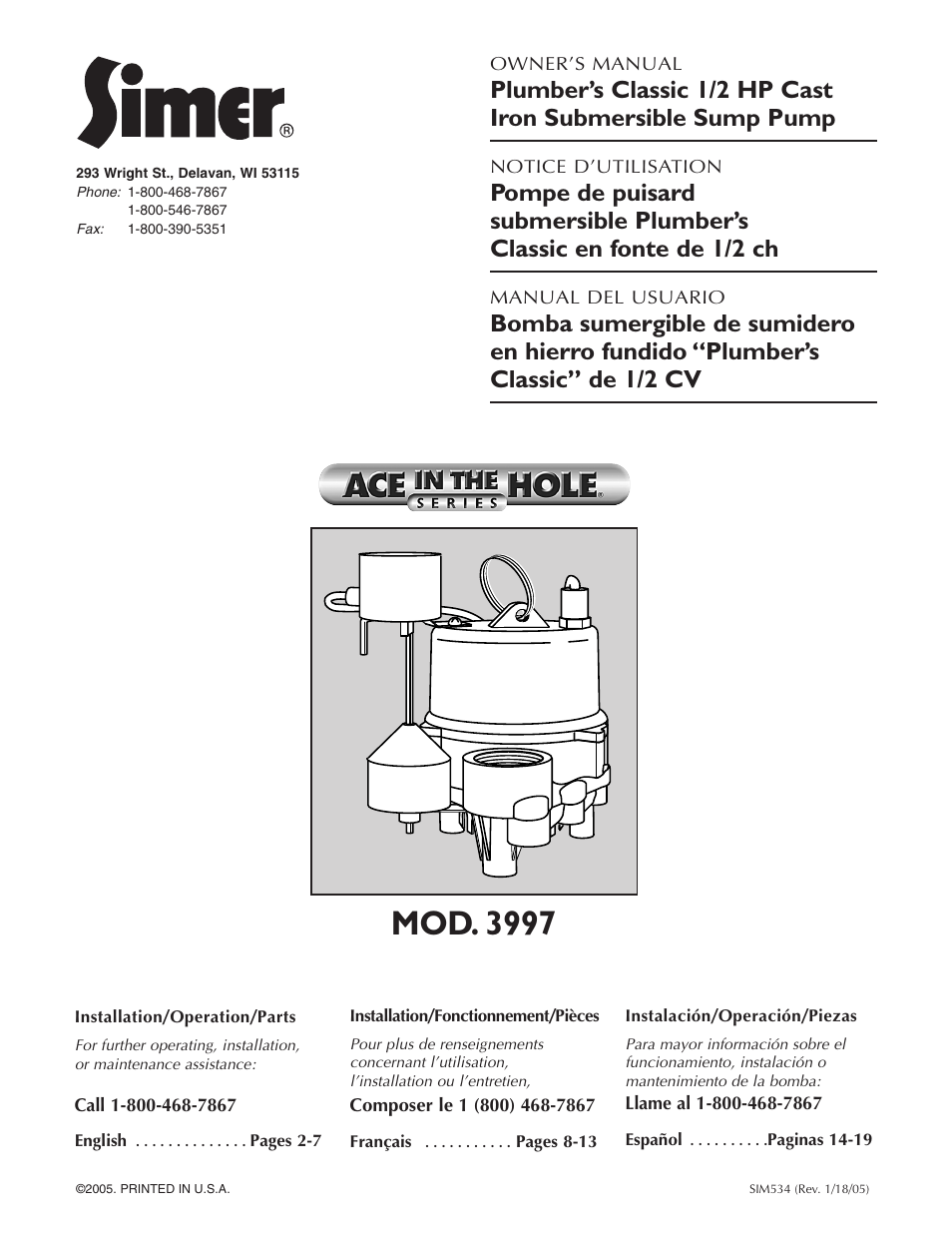 Simer Pumps PLUMBER'S CLASSIC 1/2HP CAST 3997 User Manual | 20 pages