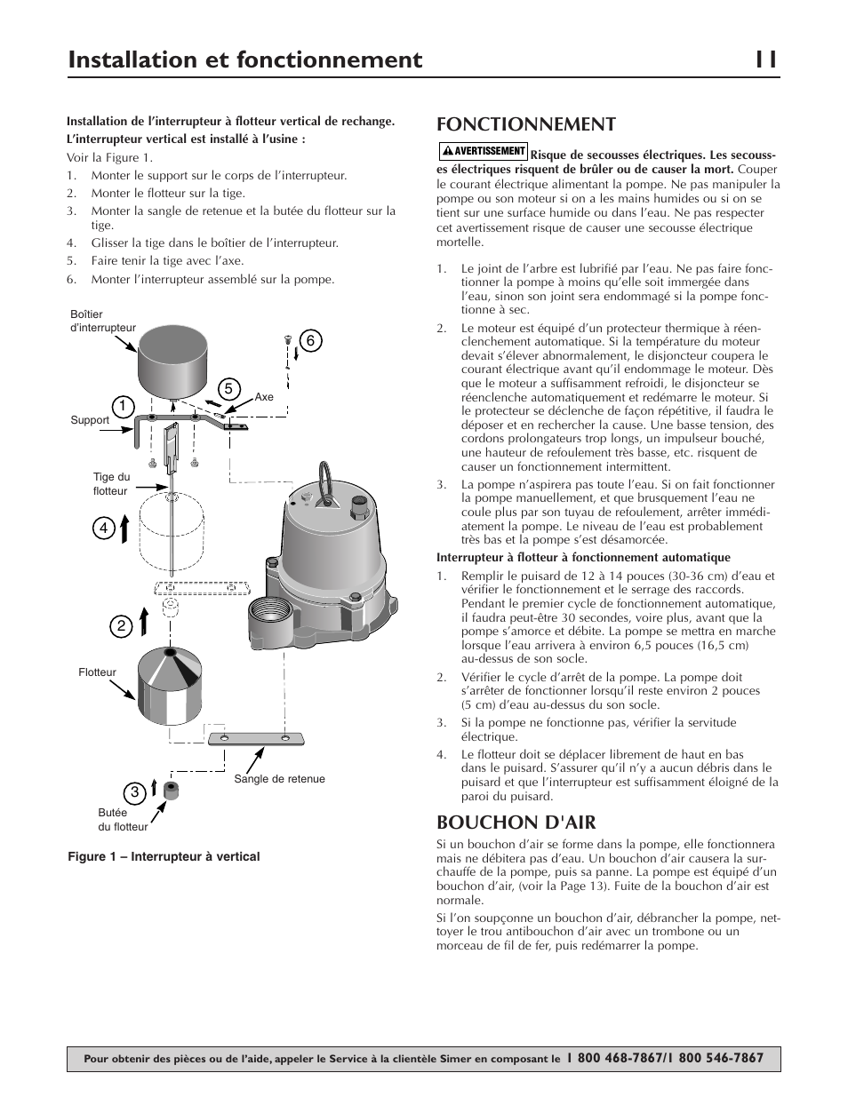 Installation et fonctionnement 11, Fonctionnement, Bouchon d'air | Simer Pumps PLUMBER'S CLASSIC 1/2HP CAST 3997 User Manual | Page 11 / 20