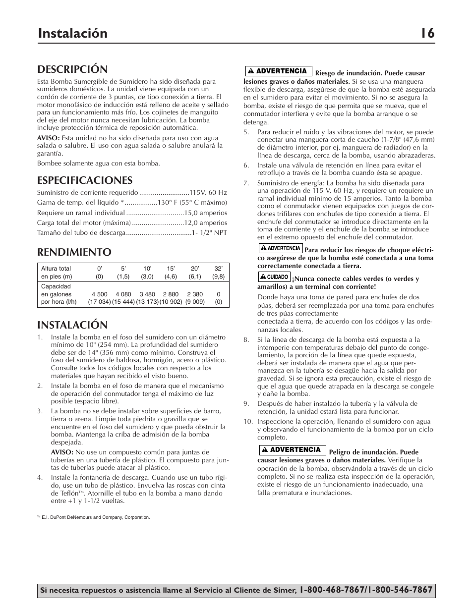 Instalación 16, Descripción, Especificaciones | Rendimiento instalación | Simer Pumps PLUMBER'S CLASSIC 1/2HP CAST 3997 User Manual | Page 16 / 20