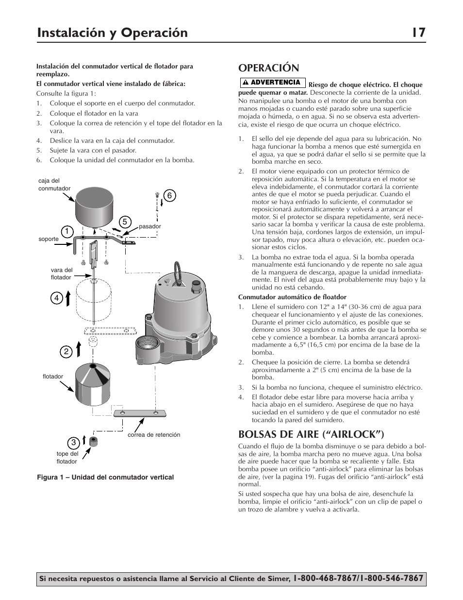 Instalación y operación 17, Operación, Bolsas de aire (“airlock”) | Simer Pumps PLUMBER'S CLASSIC 1/2HP CAST 3997 User Manual | Page 17 / 20